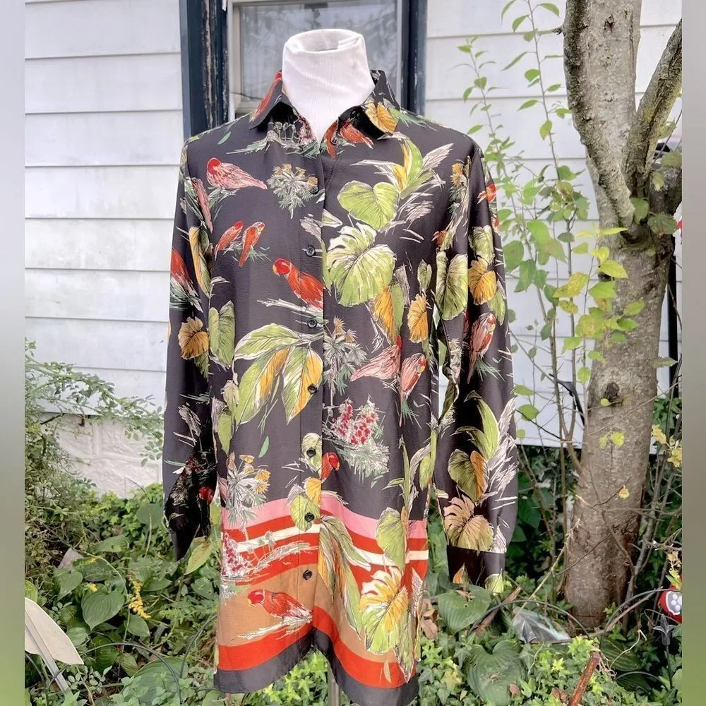 🌸ZARA BLACK LEAF AND PARROT PRINT COLLARED DRESS Size Small (AA4) - Picture 2 of 8